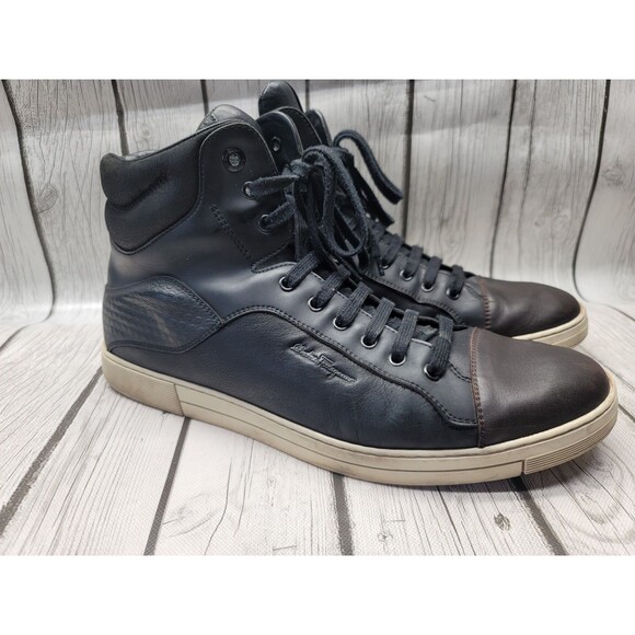 Salvatore Ferragamo Men\'s 11.2 D Leather High-Top Sneakers Black Brown Cap Toe main image 6
